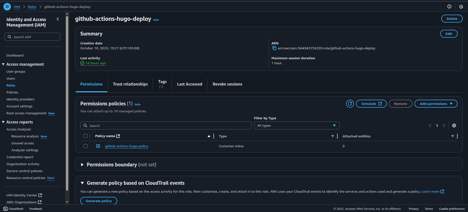 GitHub Action Hugo Deploy IAM Role