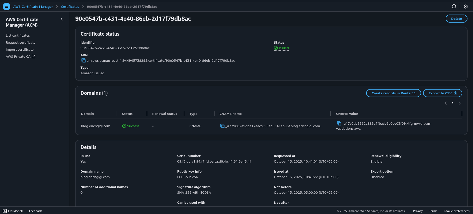 Hugo ACM Certificate